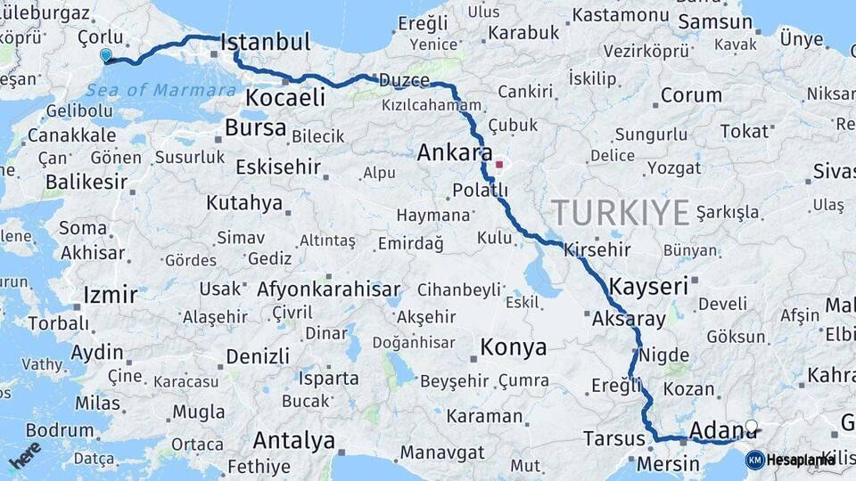 Tekirdağ Osmaniye Arası Kaç Km - Yol Haritası