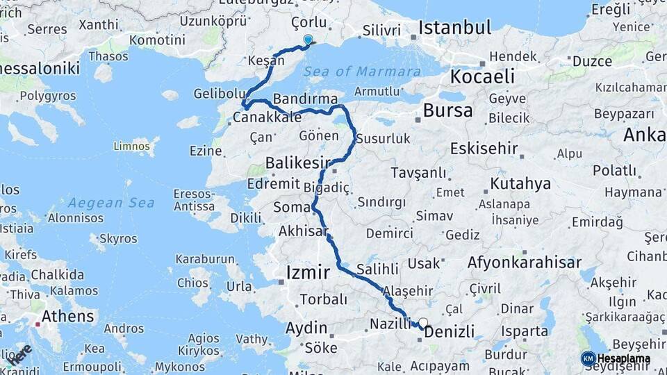 Tekirdağ Pamukkale Denizli Arası Kaç Km - Yol Haritası
