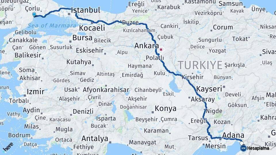 Tekirdağ Payas Hatay Arası Kaç Km - Yol Haritası