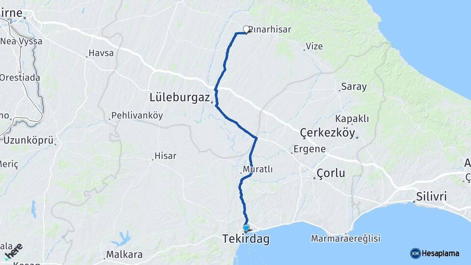 Tekirdağ Pınarhisar Kırklareli Arası Kaç Km - Yol Haritası