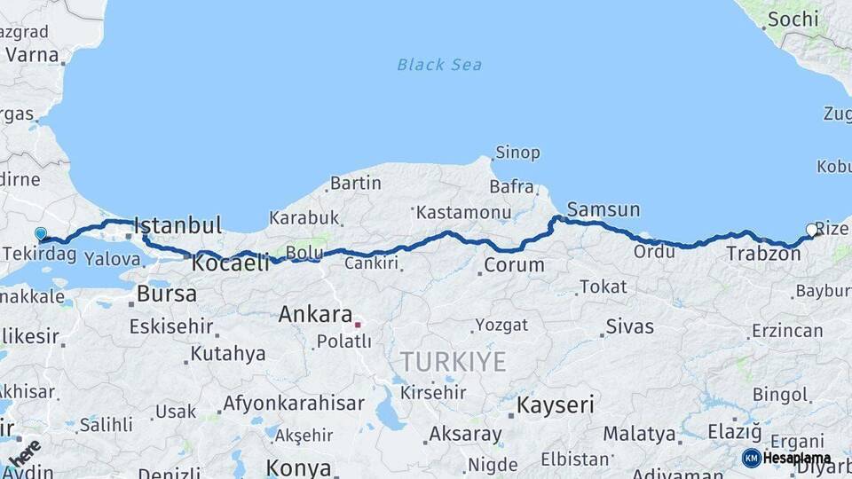 Tekirdağ Rize Arası Kaç Km - Yol Haritası