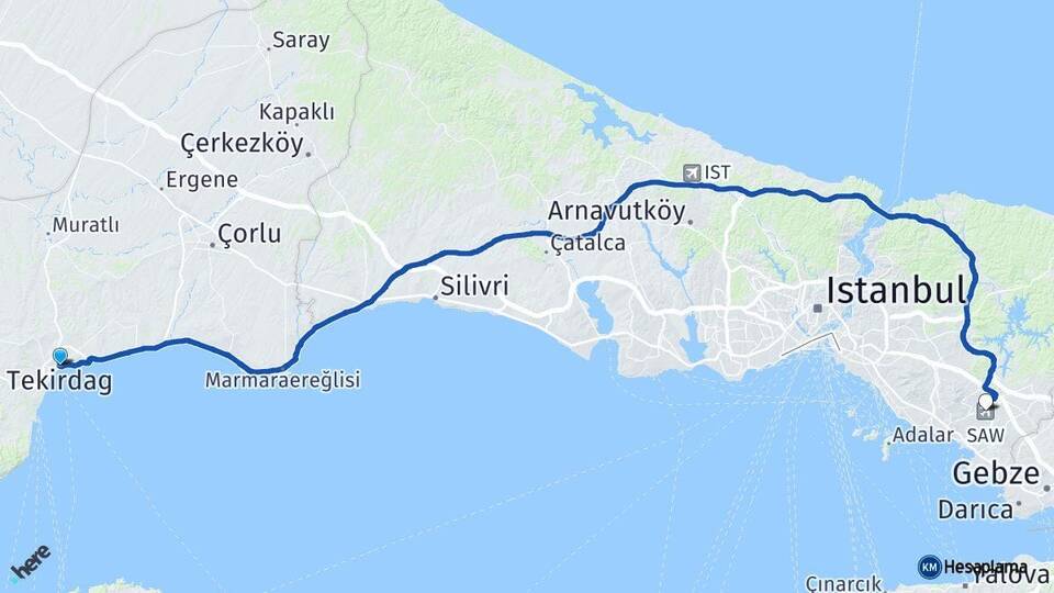 Tekirdağ Sabiha Gökçen Havalimanı Arası Kaç Km - Yol Haritası