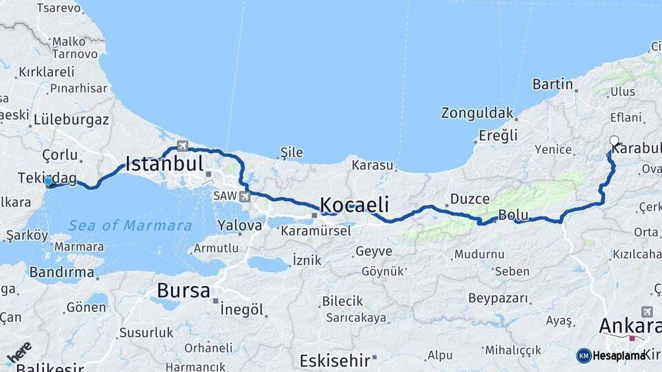 Tekirdağ Safranbolu Karabük Arası Kaç Km - Yol Haritası