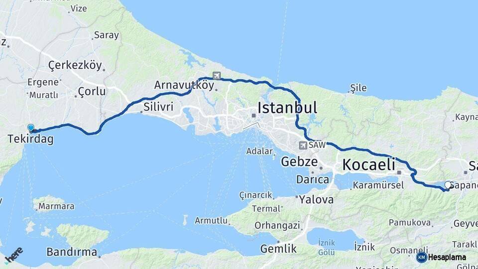 Tekirdağ Sapanca Sakarya Arası Kaç Km - Yol Haritası
