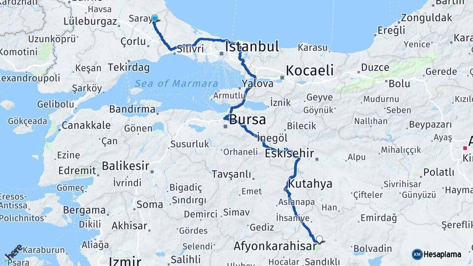 Tekirdağ Saray Afyonkarahisar Arası Kaç Km - Yol Haritası