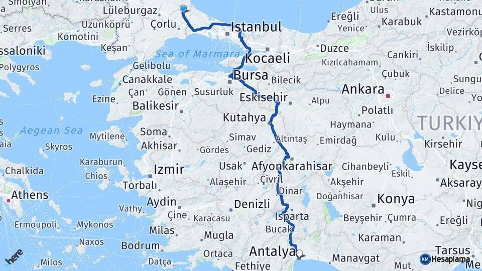 Tekirdağ Saray Antalya Arası Kaç Km - Yol Haritası