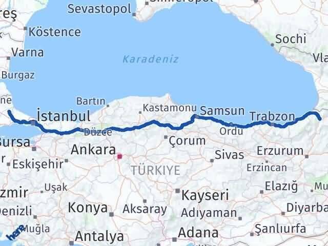 Tekirdağ Saray Artvin Arası Kaç Km - Yol Haritası