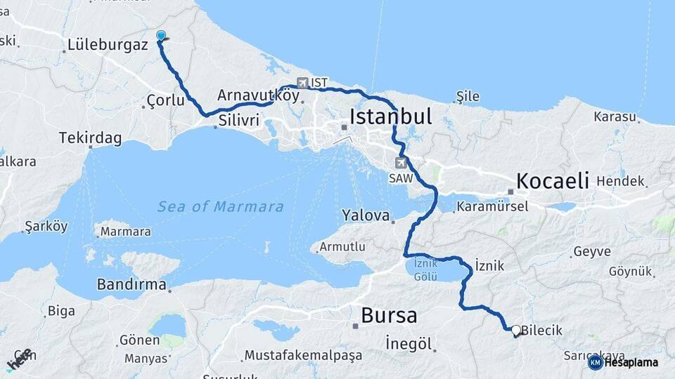 Tekirdağ Saray Bilecik Arası Kaç Km - Yol Haritası