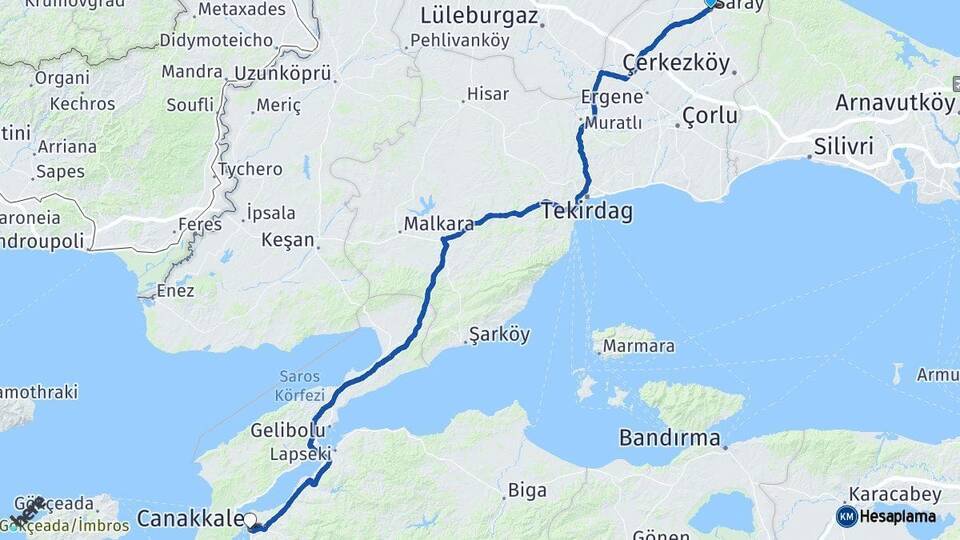 Tekirdağ Saray Çanakkale Arası Kaç Km - Yol Haritası