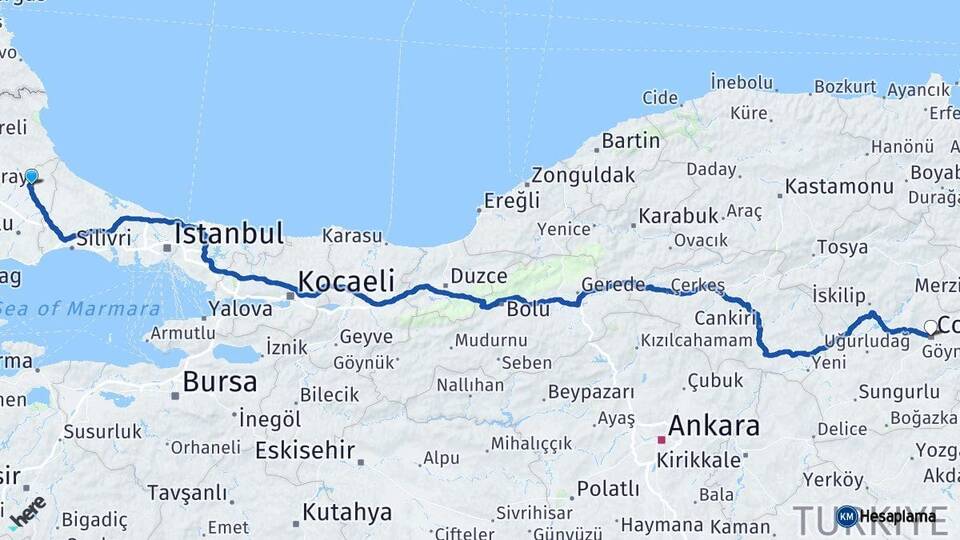 Tekirdağ Saray Çorum Arası Kaç Km - Yol Haritası