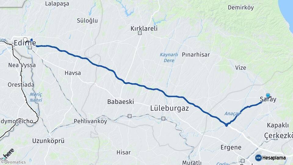 Tekirdağ Saray Edirne Arası Kaç Km - Yol Haritası