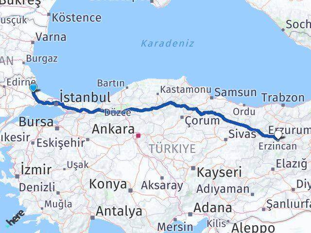 Tekirdağ Saray Erzincan Arası Kaç Km - Yol Haritası