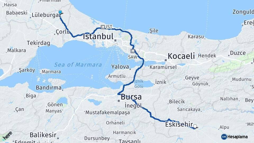 Tekirdağ Saray Eskişehir Arası Kaç Km - Yol Haritası