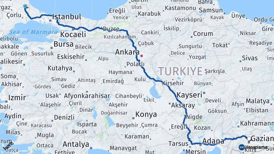 Tekirdağ Saray Gaziantep Arası Kaç Km - Yol Haritası