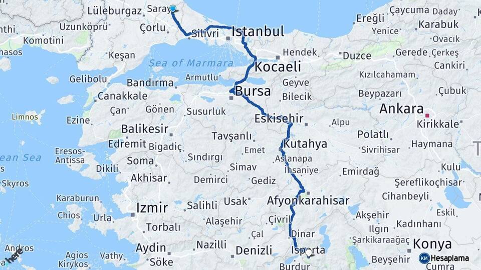 Tekirdağ Saray Isparta Arası Kaç Km - Yol Haritası