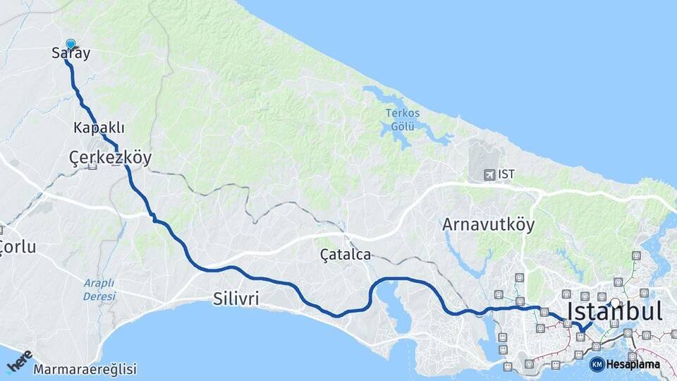 Tekirdağ Saray İstanbul Arası Kaç Km - Yol Haritası