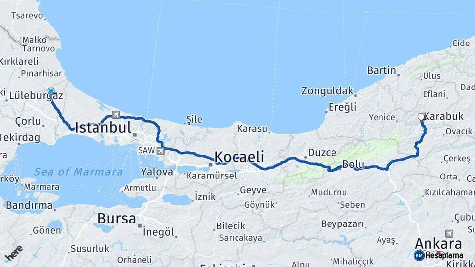 Tekirdağ Saray Karabük Arası Kaç Km - Yol Haritası