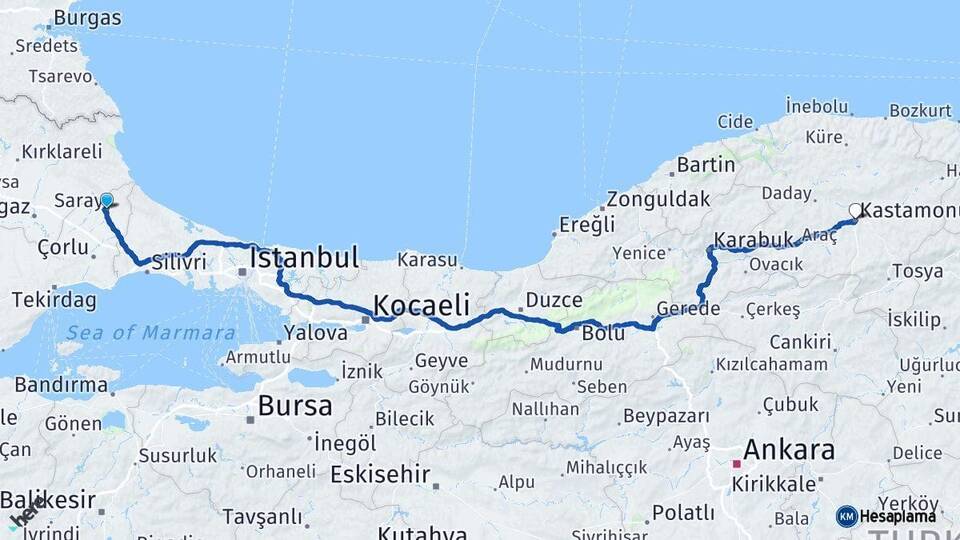 Tekirdağ Saray Kastamonu Arası Kaç Km - Yol Haritası
