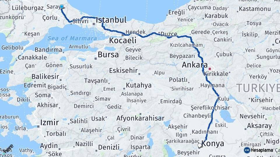 Tekirdağ Saray Konya Arası Kaç Km - Yol Haritası