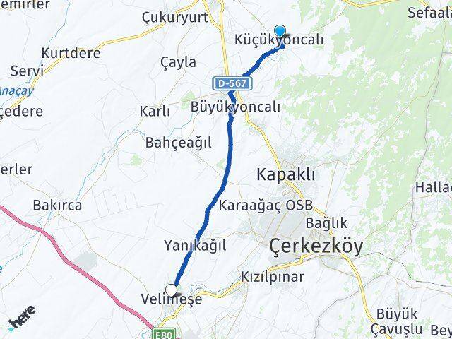 Küçükyoncalı Velimeşe Arası Kaç Km - Yol Tarifi