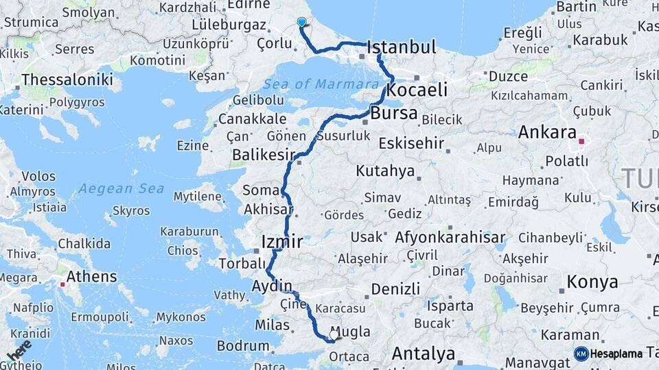 Tekirdağ Saray Muğla Arası Kaç Km - Yol Haritası