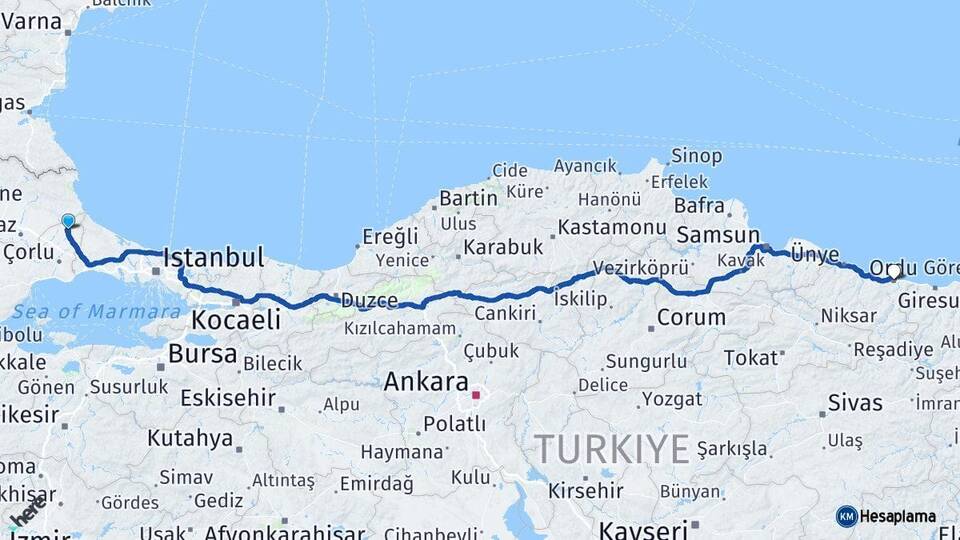 Tekirdağ Saray Ordu Arası Kaç Km - Yol Haritası