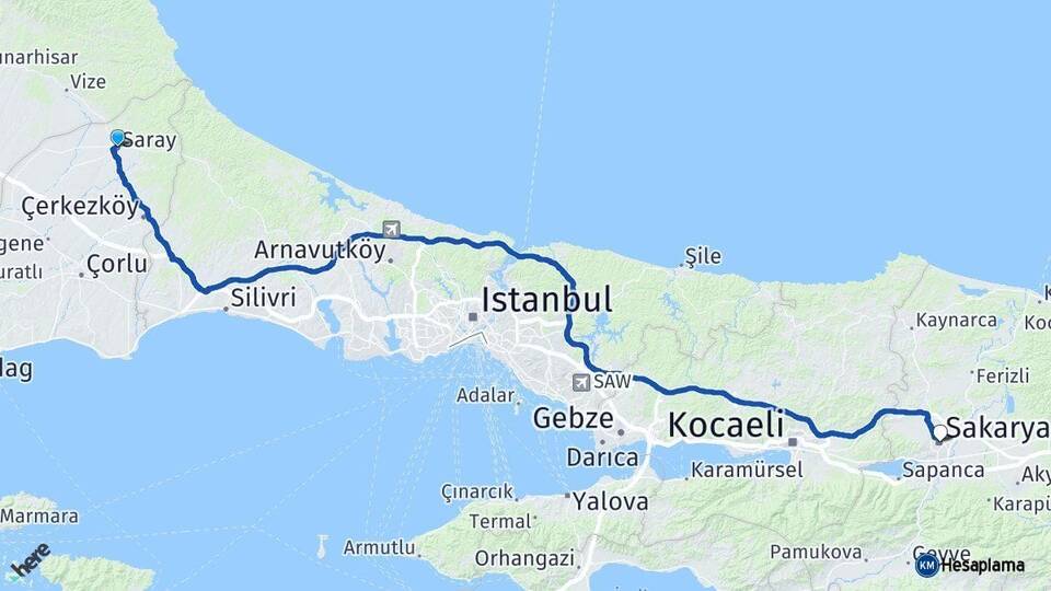 Tekirdağ Saray Sakarya Arası Kaç Km - Yol Haritası