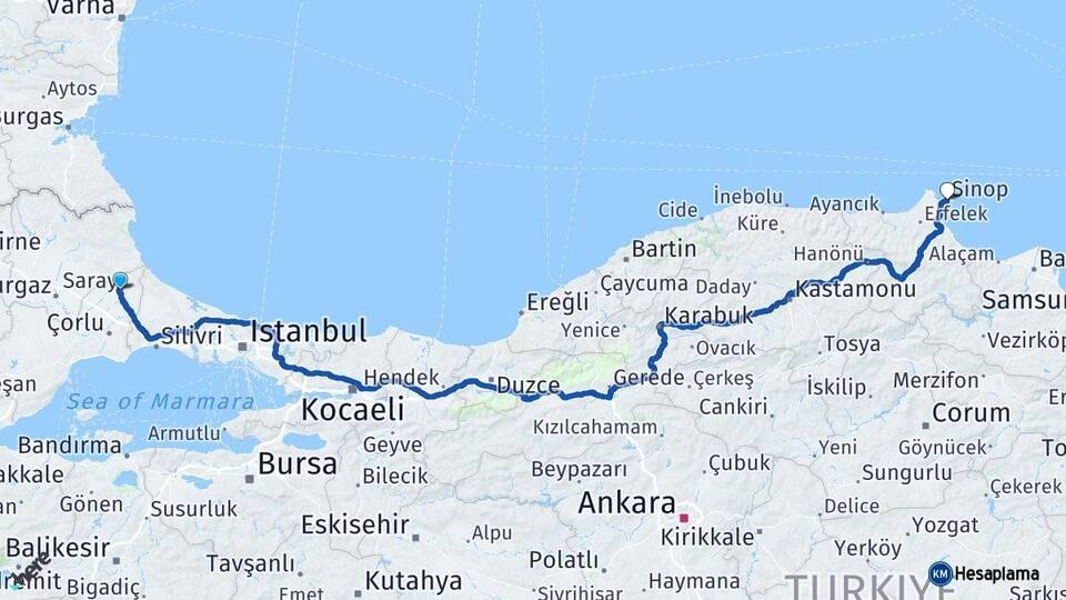 Tekirdağ Saray Sinop Arası Kaç Km - Yol Haritası