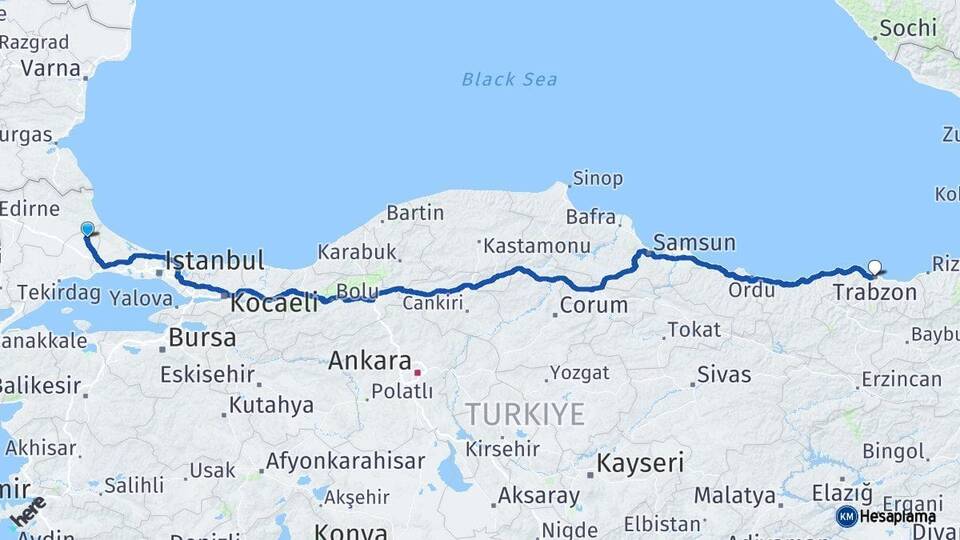 Tekirdağ Saray Trabzon Arası Kaç Km - Yol Haritası