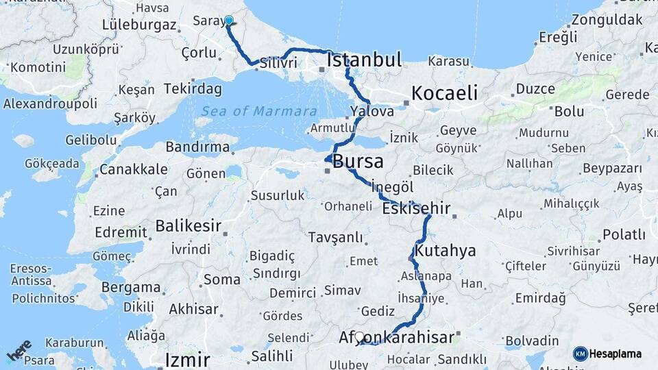 Tekirdağ Saray Uşak Arası Kaç Km - Yol Haritası