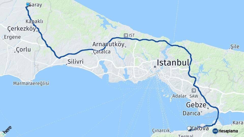 Saray Yalova Arası Kaç Km - Yol Tarifi