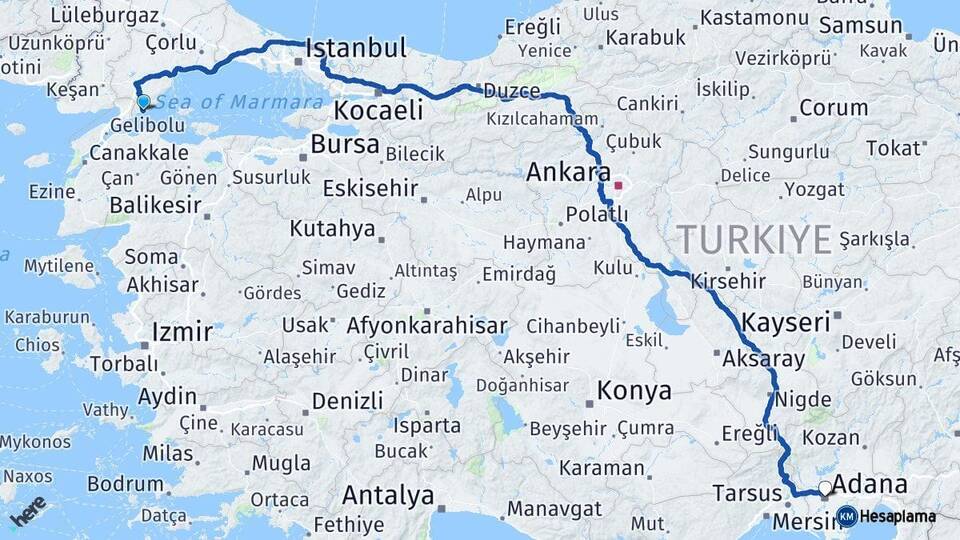 Tekirdağ Şarköy Adana Arası Kaç Km - Yol Haritası