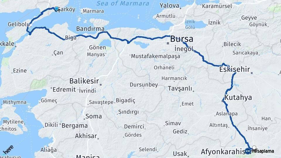 Tekirdağ Şarköy Afyonkarahisar Arası Kaç Km - Yol Haritası