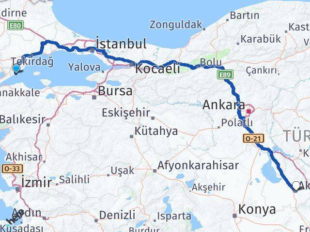 Tekirdağ Şarköy Aksaray Arası Kaç Km - Yol Haritası