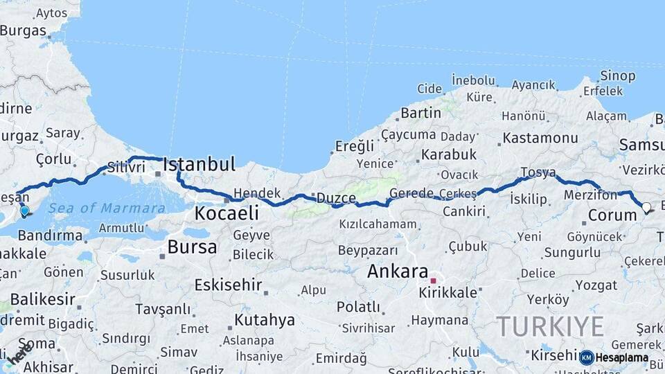 Tekirdağ Şarköy Amasya Arası Kaç Km - Yol Haritası