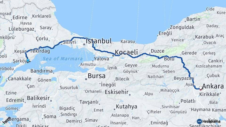 Tekirdağ Şarköy Ankara Arası Kaç Km - Yol Haritası