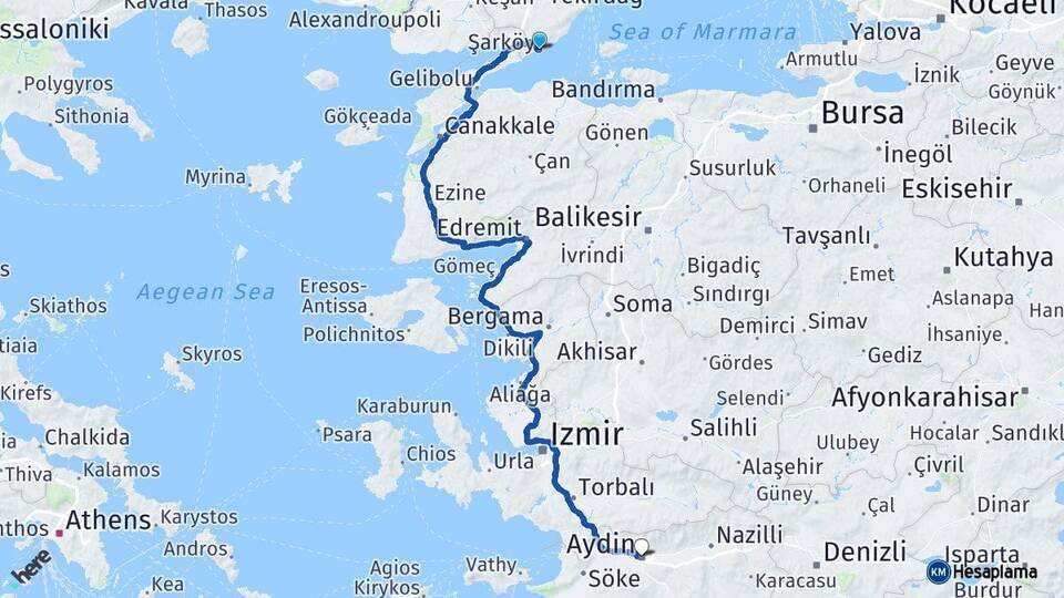 Tekirdağ Şarköy Aydın Arası Kaç Km - Yol Haritası