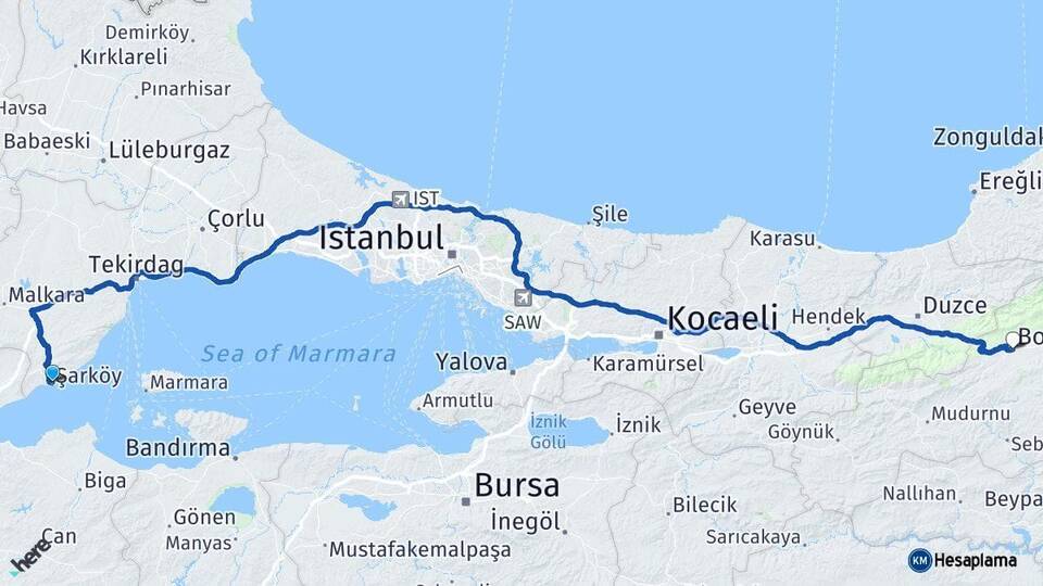 Tekirdağ Şarköy Bolu Arası Kaç Km - Yol Haritası