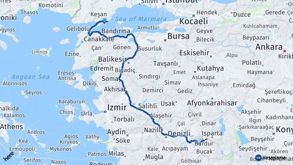 Tekirdağ Şarköy Burdur Arası Kaç Km - Yol Haritası