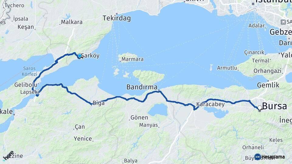 Tekirdağ Şarköy Bursa Arası Kaç Km - Yol Haritası
