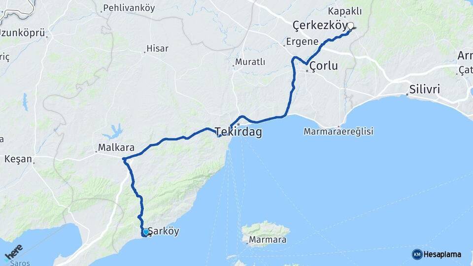 Tekirdağ Şarköy Çerkezköy Arası Kaç Km - Yol Haritası