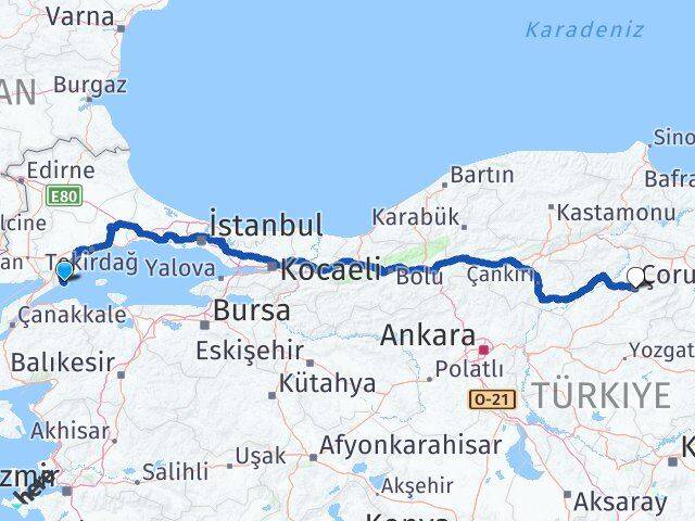 Tekirdağ Şarköy Çorum Arası Kaç Km - Yol Haritası