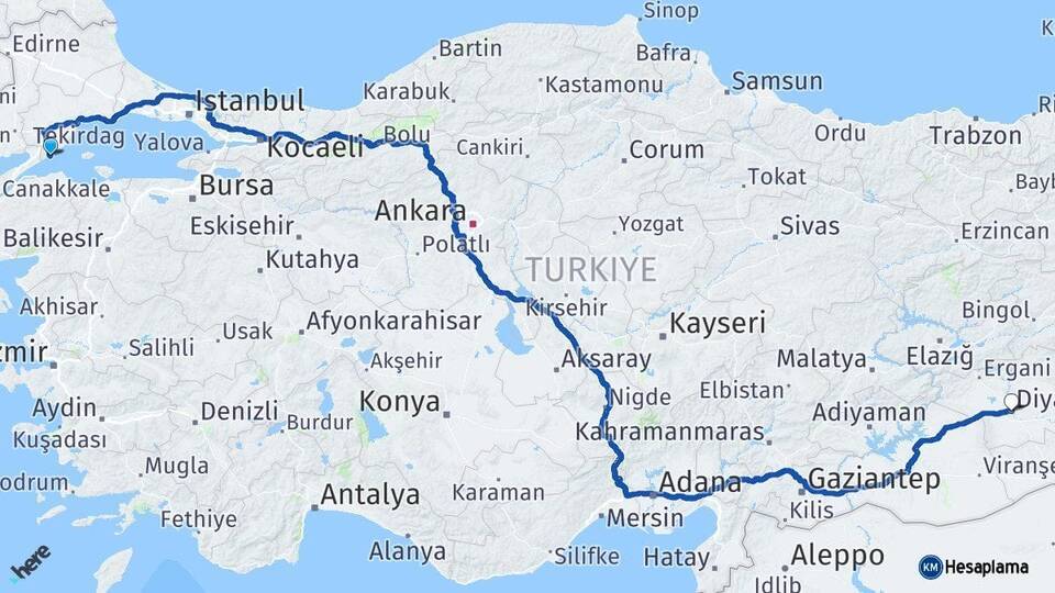 Tekirdağ Şarköy Diyarbakır Arası Kaç Km - Yol Haritası
