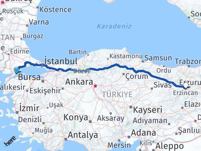 Tekirdağ Şarköy Erzincan Arası Kaç Km - Yol Haritası