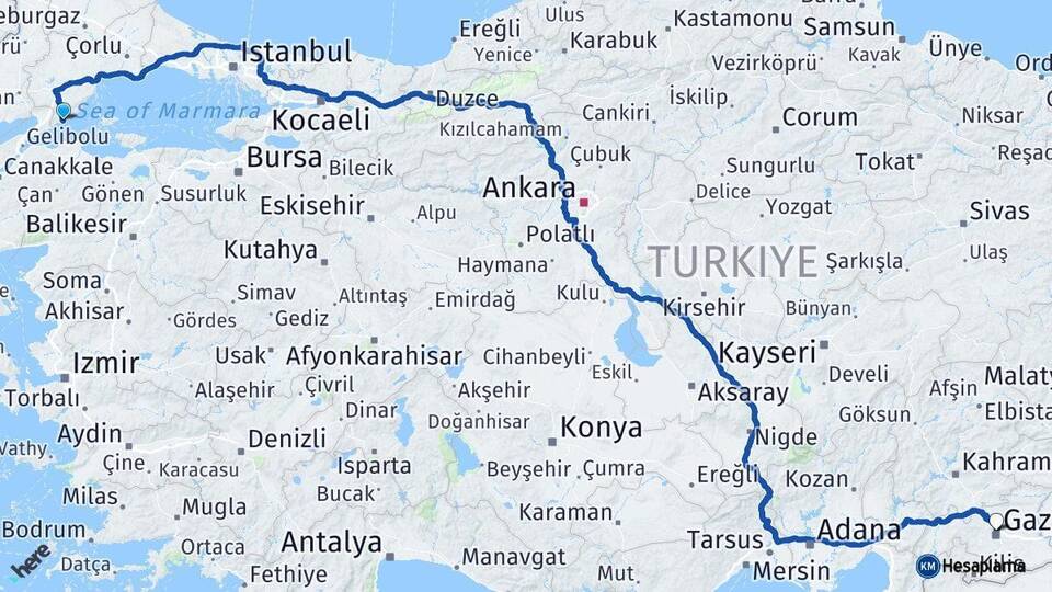 Tekirdağ Şarköy Gaziantep Arası Kaç Km - Yol Haritası