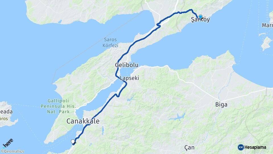Tekirdağ Şarköy Güzelyalı Çanakkale Arası Kaç Km - Yol Haritası