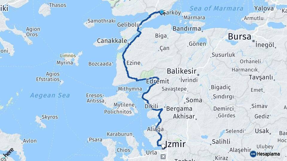 Tekirdağ Şarköy İzmir Arası Kaç Km - Yol Haritası