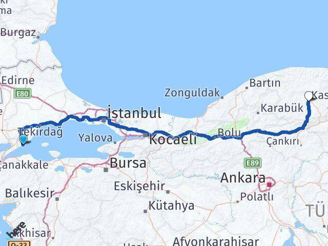 Tekirdağ Şarköy Kastamonu Arası Kaç Km - Yol Haritası