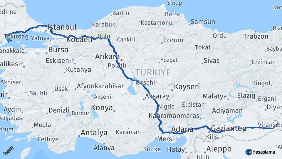 Tekirdağ Şarköy Mardin Arası Kaç Km - Yol Haritası