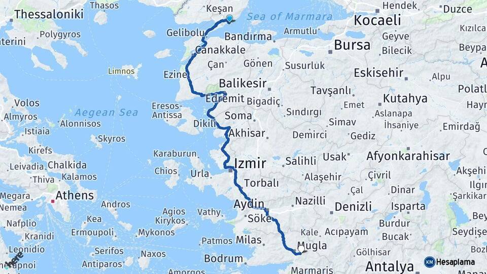 Tekirdağ Şarköy Muğla Arası Kaç Km - Yol Haritası